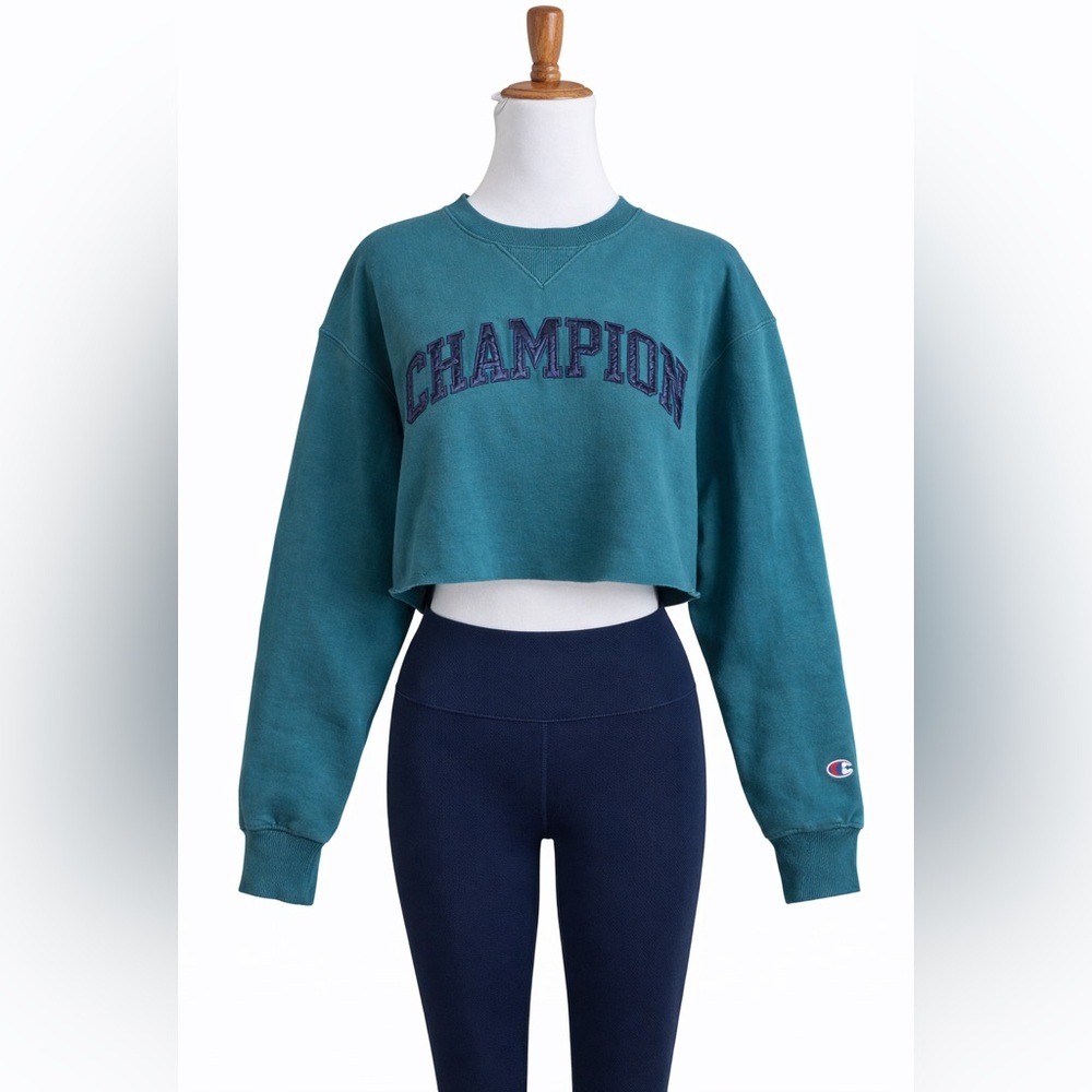 Champion Reverse Weave Crop L Deep Teal Spellout Navy Logo Sweatshirt